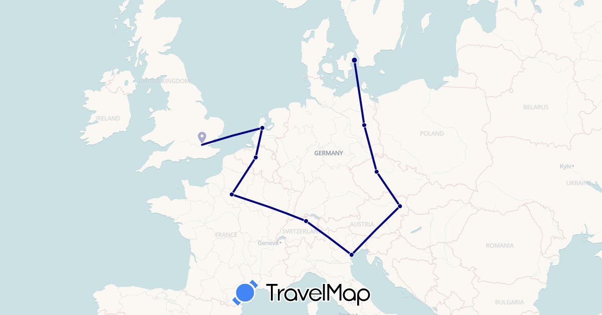 TravelMap itinerary: driving in Austria, Belgium, Switzerland, Czech Republic, Germany, Denmark, France, United Kingdom, Italy, Netherlands (Europe)